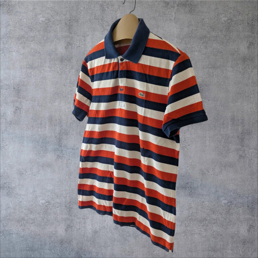 Polo Lacoste vintage a rayas azul marino, blanco y naranja estilo Y2K francés retro sporty